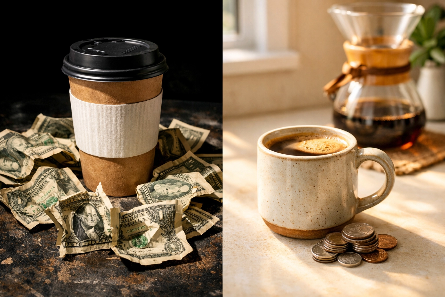 Cost comparison: expensive café coffee with cash versus affordable home brewed coffee