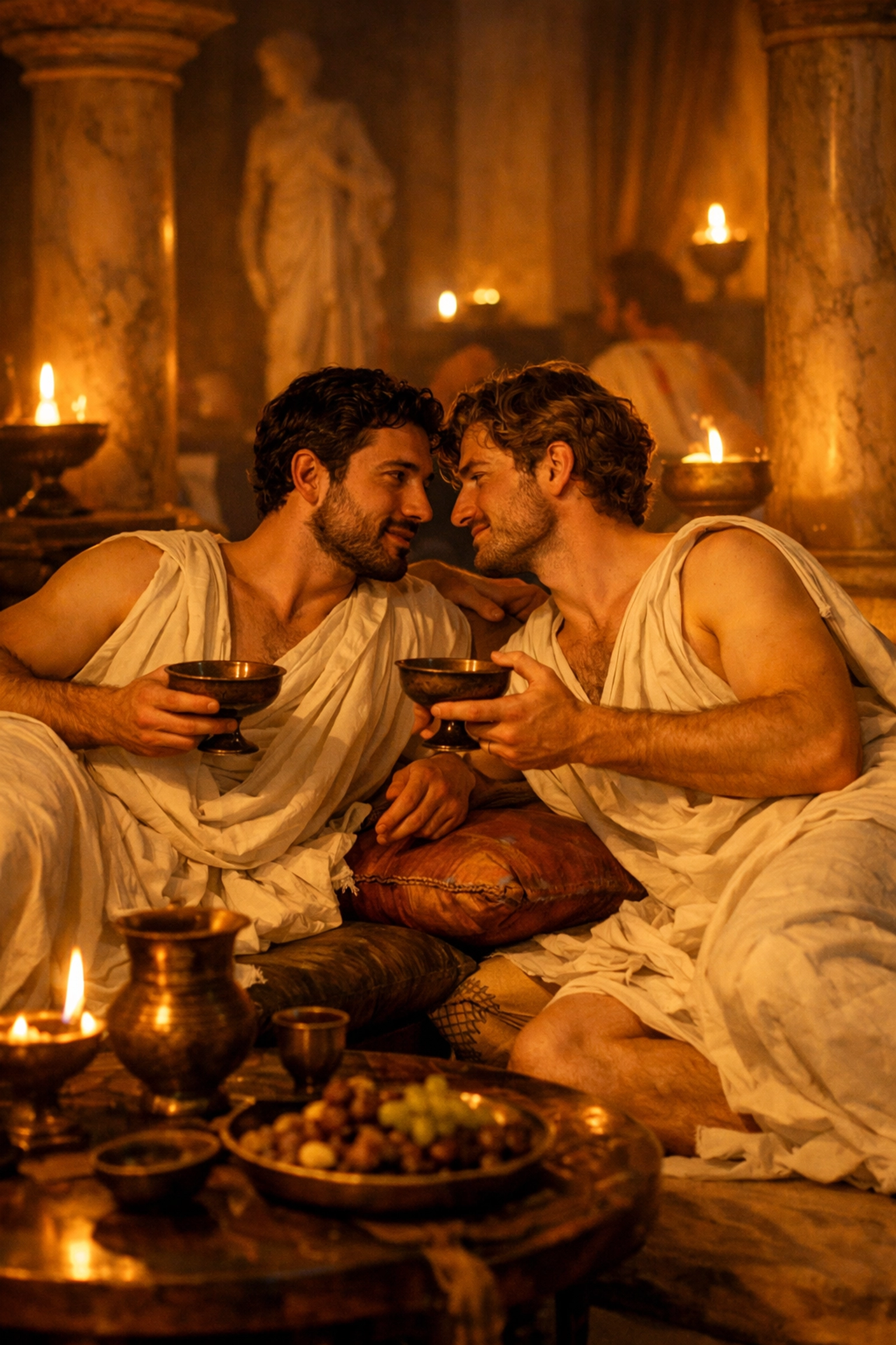 Ancient Greek symposium depicting male lovers in philosophical discussion about same-sex love