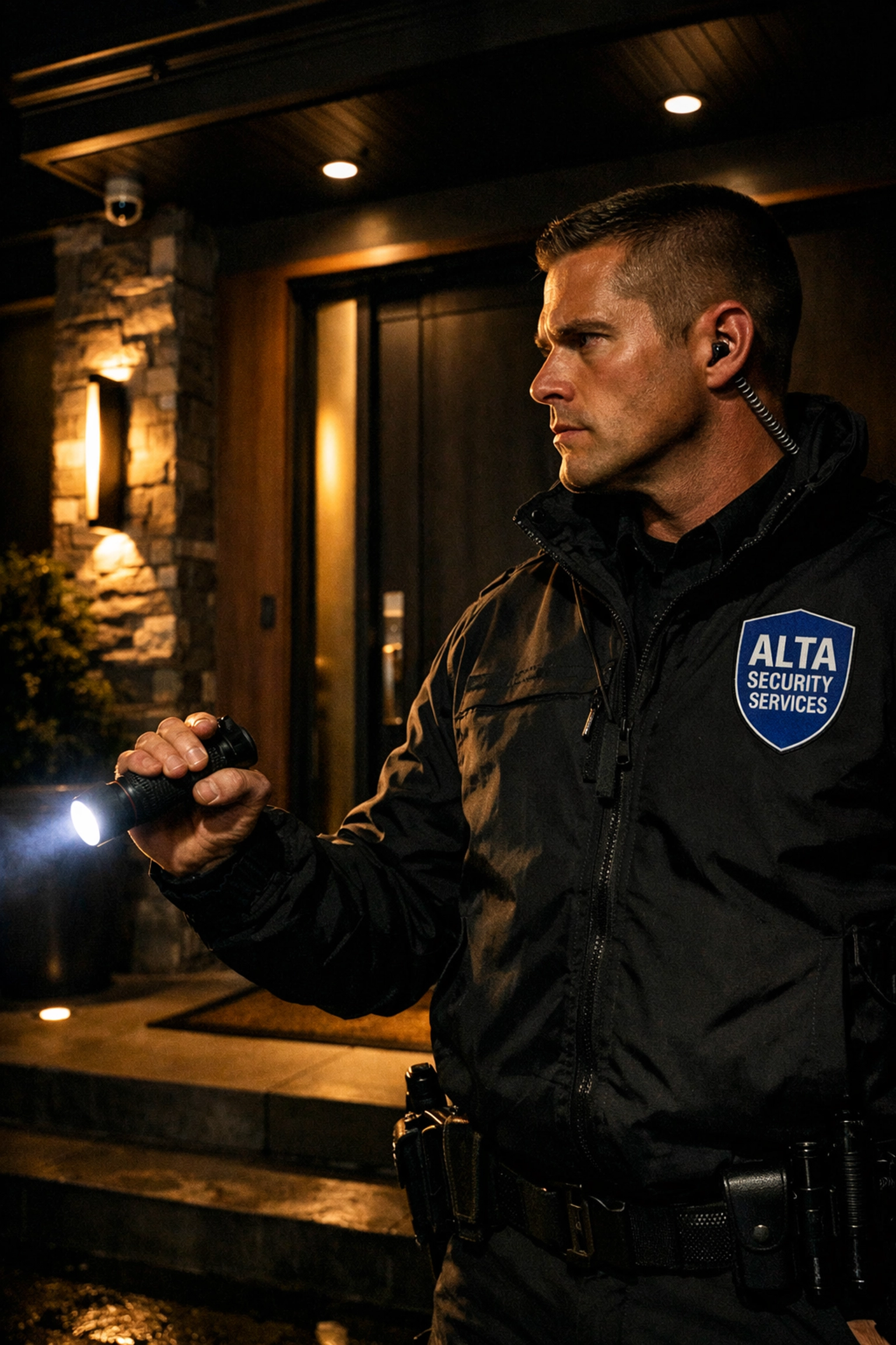 Professional bodyguard conducting residential security check at luxury home entrance