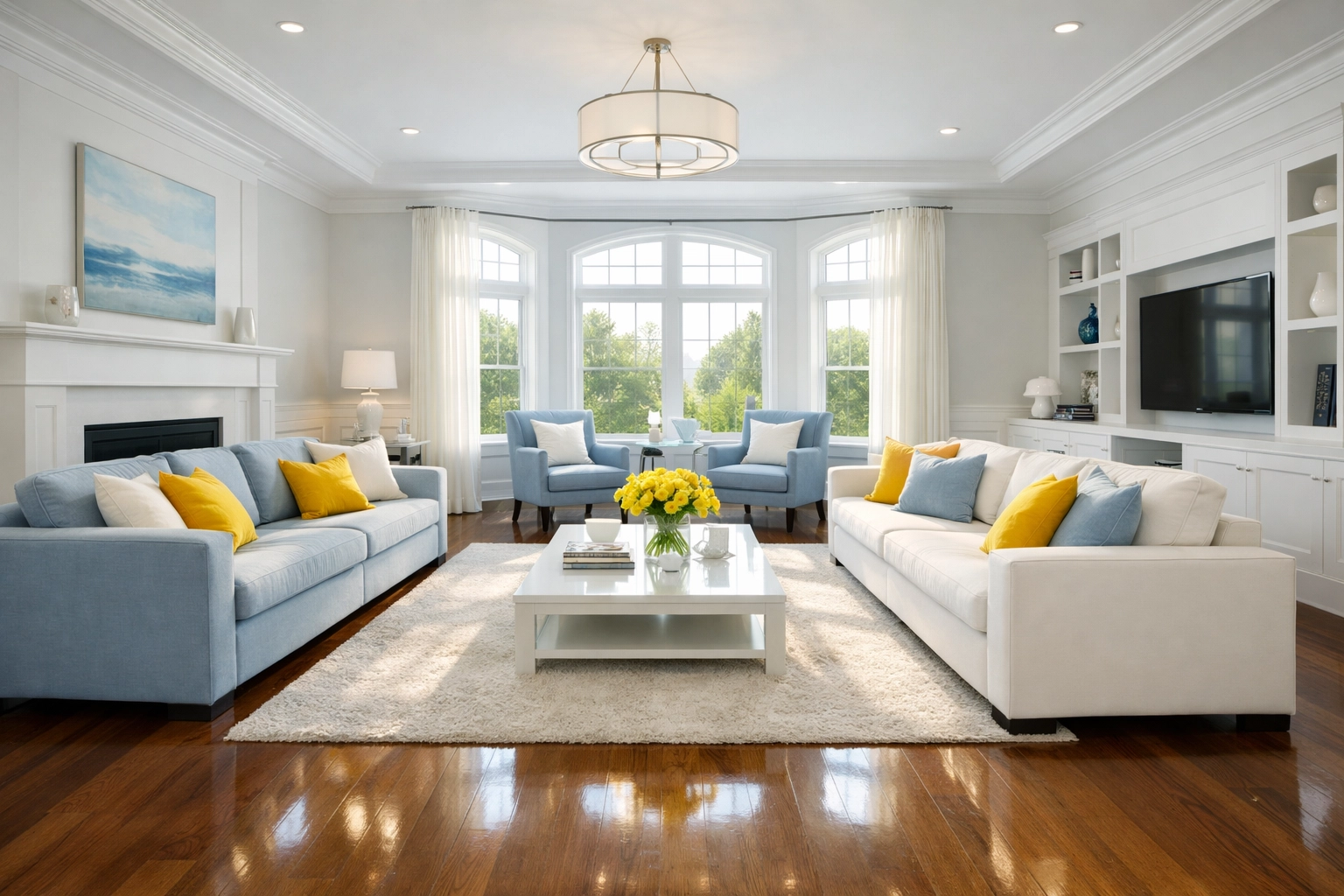 Spotless luxury living room in Worcester MA showing the results of professional house cleaning.