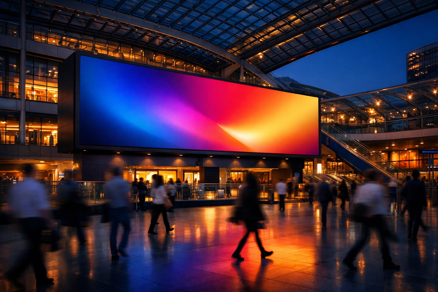 Modern digital billboard in a busy urban transit hub illustrating dynamic outdoor advertising solutions.