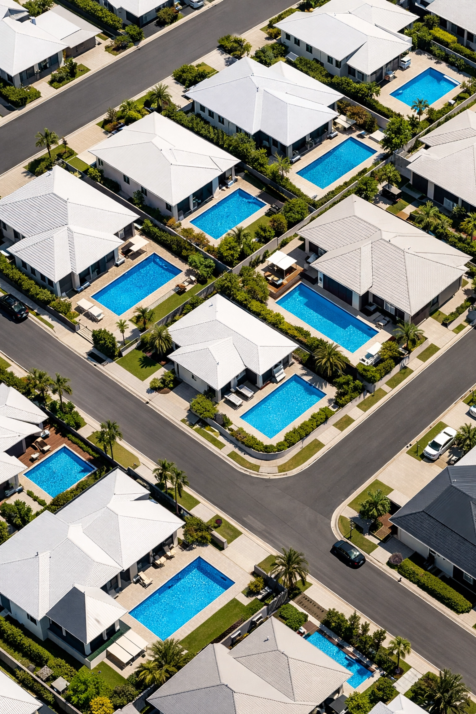 Aerial view of high-density neighborhood pools, perfect for owners looking to sell my pool route.