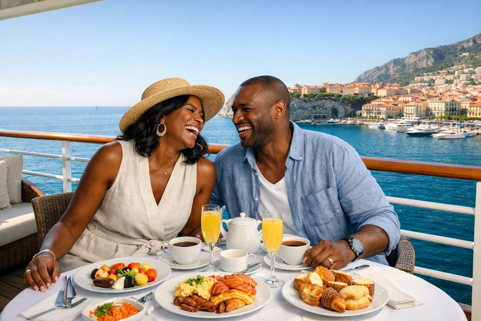 Black couple enjoying breakfast on a luxury cruise ship veranda overlooking a Mediterranean port.