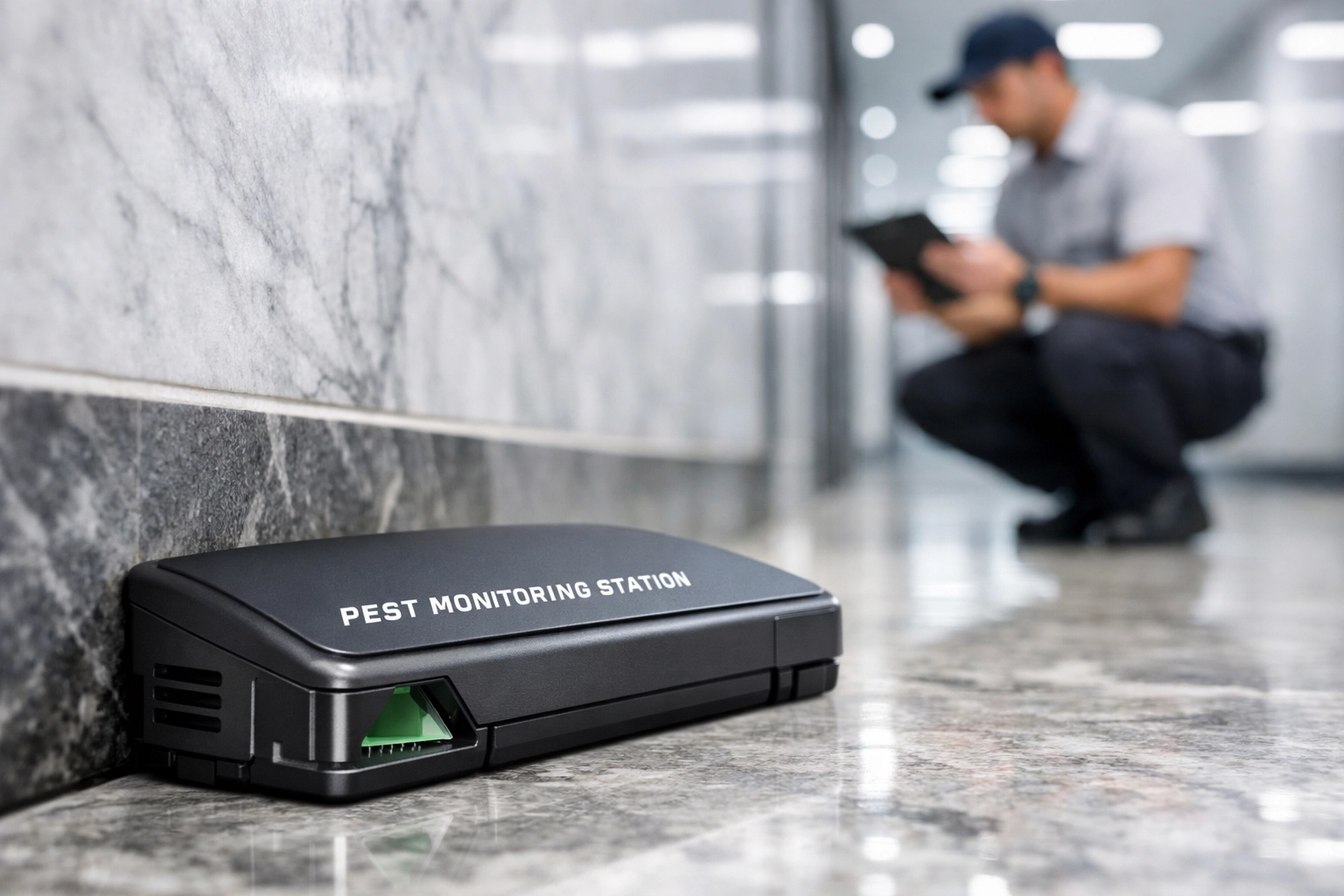 Commercial pest monitoring station in a marble hallway representing Integrated Pest Management for Westchester businesses.
