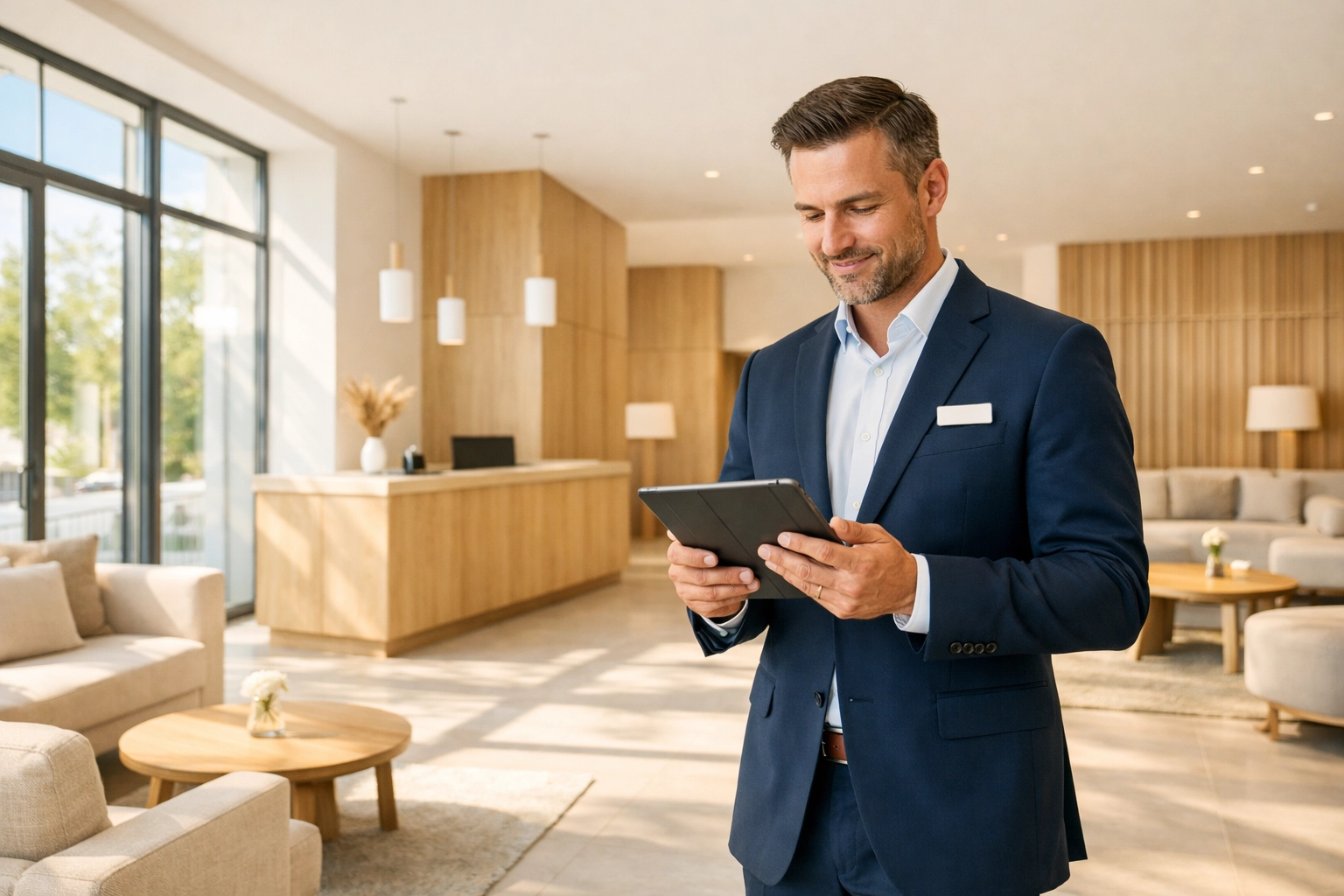 Modern hotel manager using a cloud-native PMS on a tablet for easy property management.