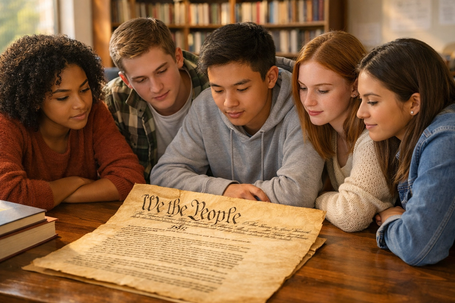 High school students examining the U.S. Constitution during a civic education lesson in a classroom.