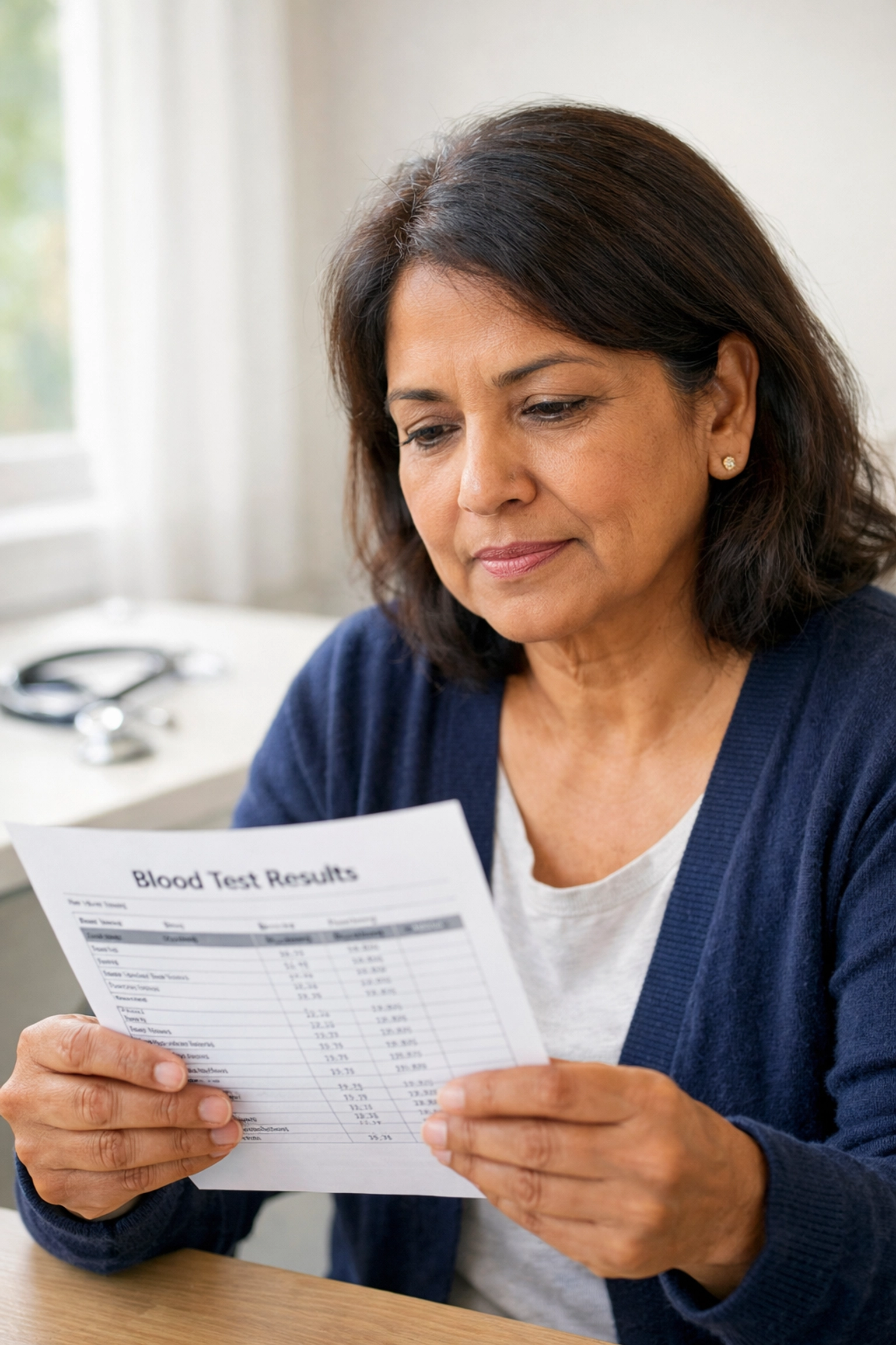 Patient reviewing blood test results in medical consultation room
