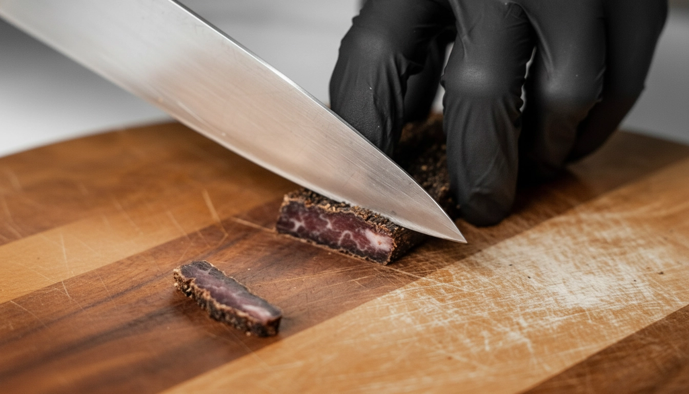 Close up slicing Australian beef biltong on wooden board, marbled texture, high protein snacks, healthy meat snacks
