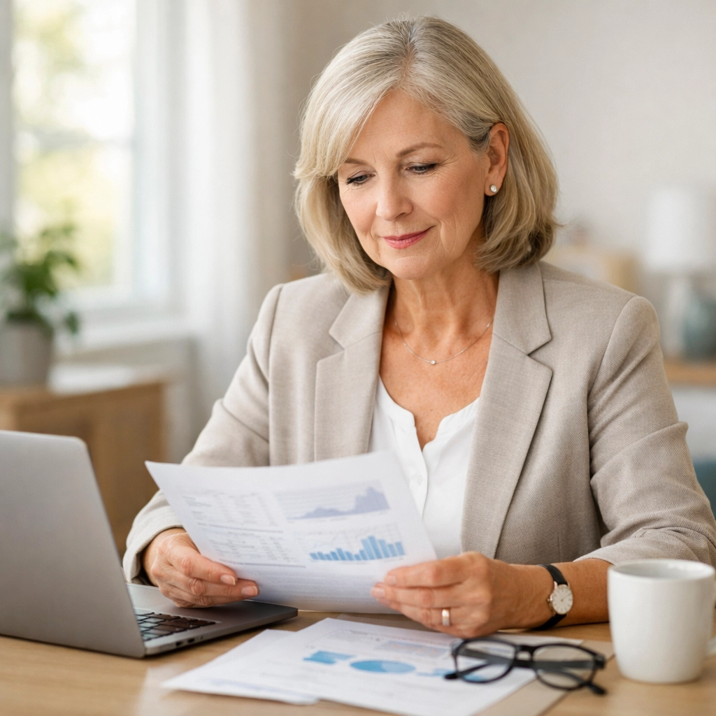 Woman reviewing retirement income plan at home office desk