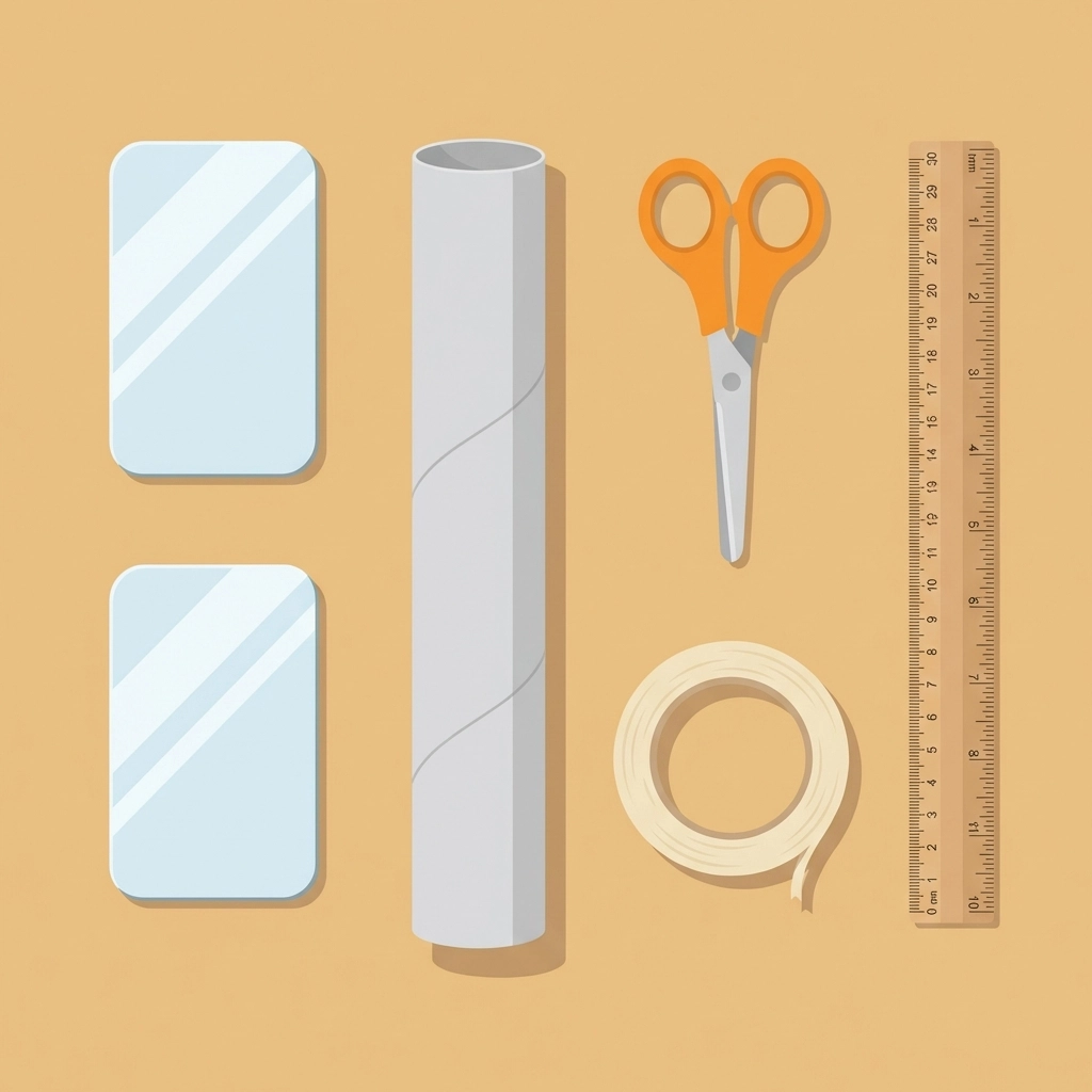 DIY periscope materials including mirrors, cardboard tube, scissors, tape, and ruler arranged for assembly