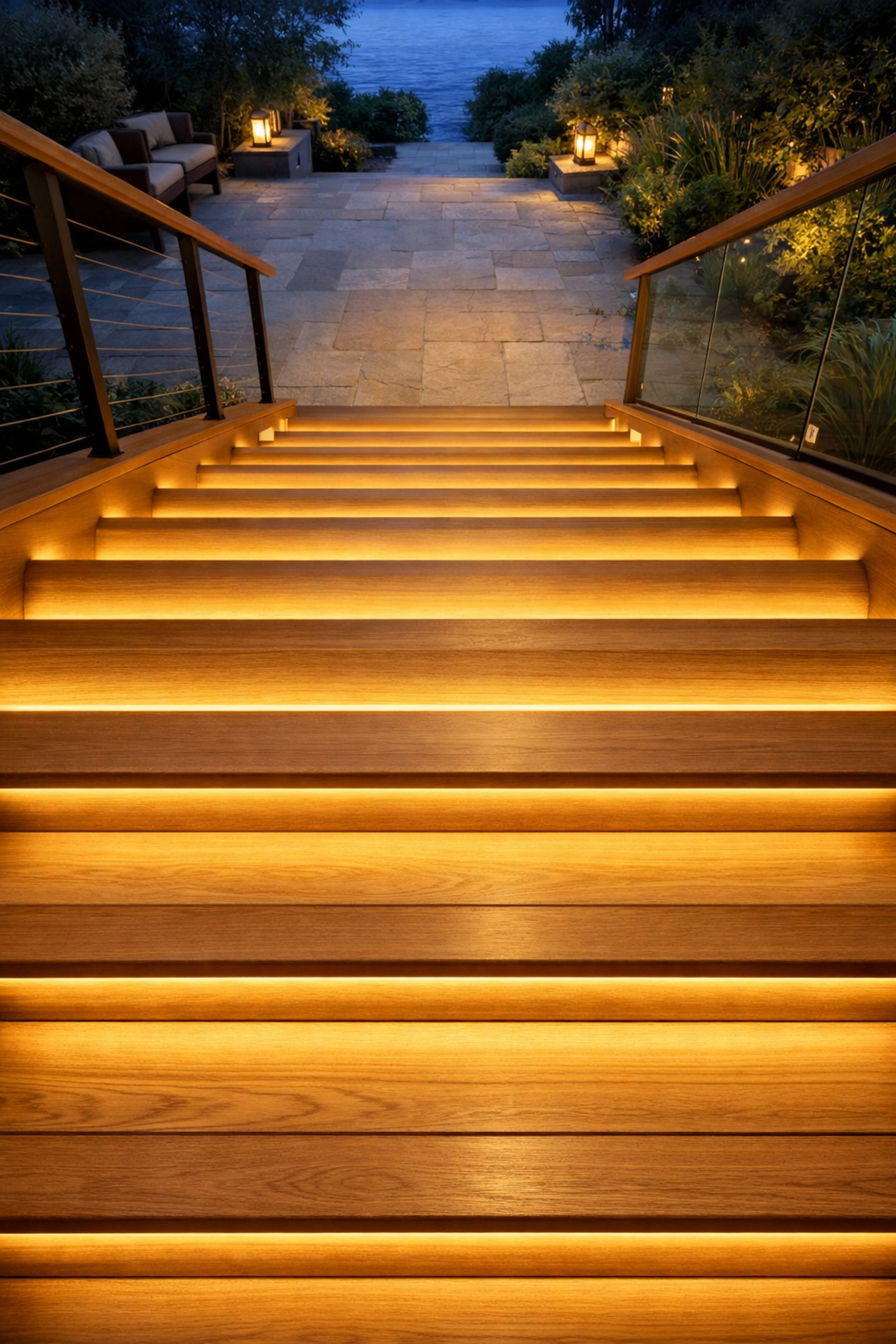 Motion-sensor LED lighting installed under stair treads to improve visibility and prevent trips.
