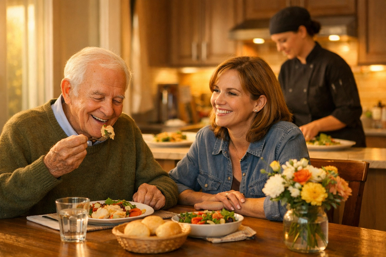 Family enjoying meal together with Culinary Associate providing in-home dining support
