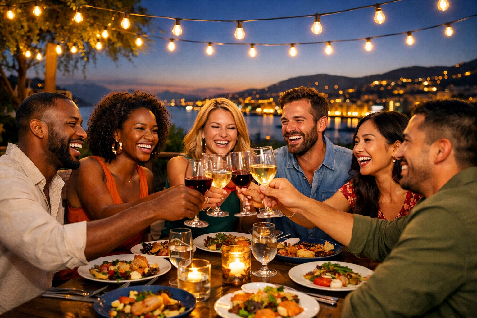 Group dining at upscale outdoor restaurant during vacation