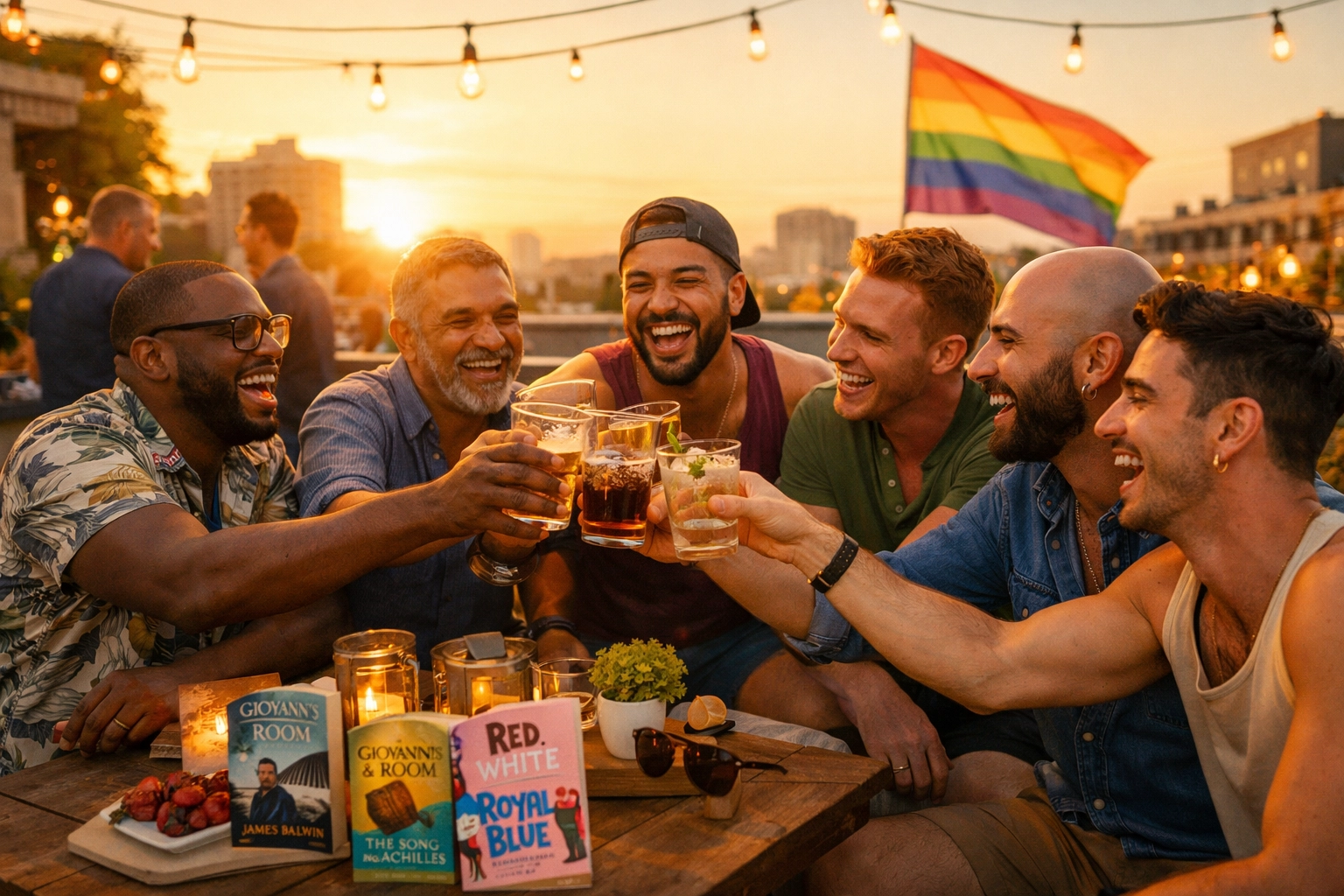 A diverse group of gay men celebrating on a rooftop, symbolizing the modern Read with Pride LGBTQ+ book community.