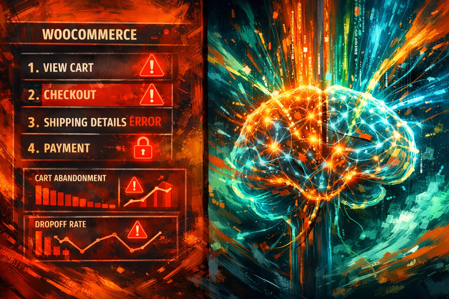 WooCommerce checkout funnel dashboard with AI behavioral insights detecting cart abandonment warnings