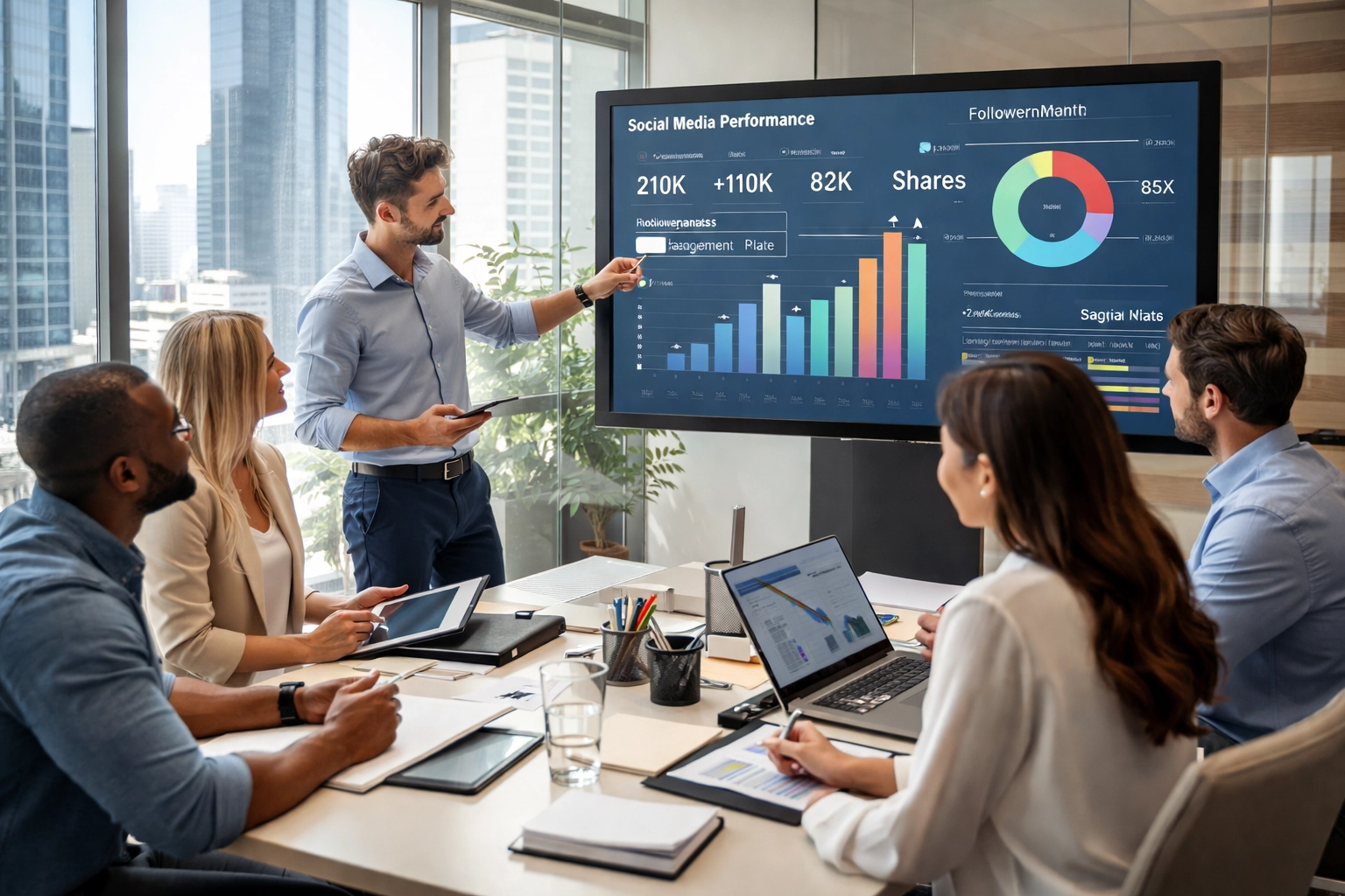 Corporate marketing team reviewing digital media analytics in a conference room, illustrating innovation strategies