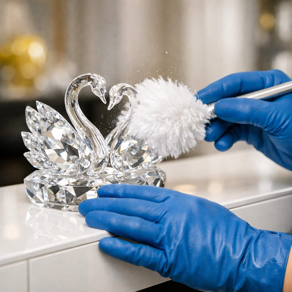 Close-up of a cleaner dusting fragile items, representing the detail of professional cleaning services near me.