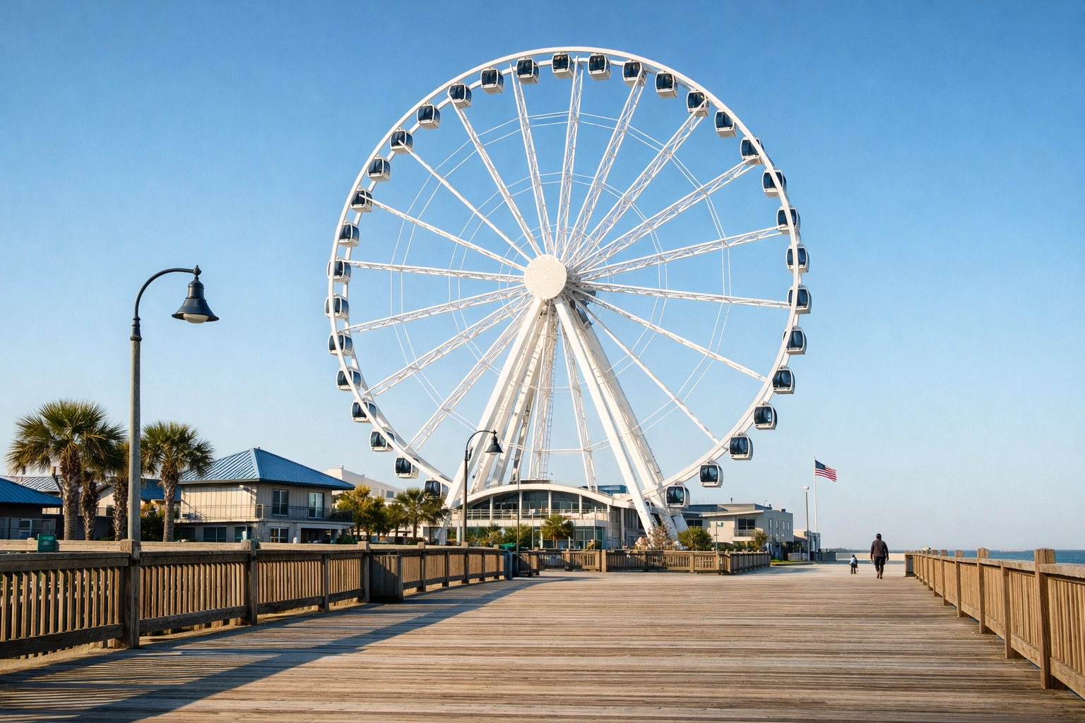 Peaceful boardwalk view of the Myrtle Beach SkyWheel in April with no crowds, highlighting the best time to visit.