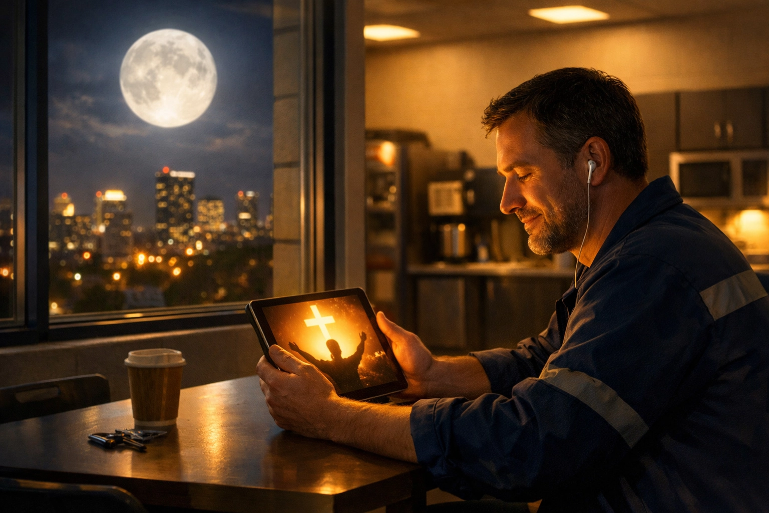 A night-shift worker finds spiritual connection by attending an online church service on a tablet.