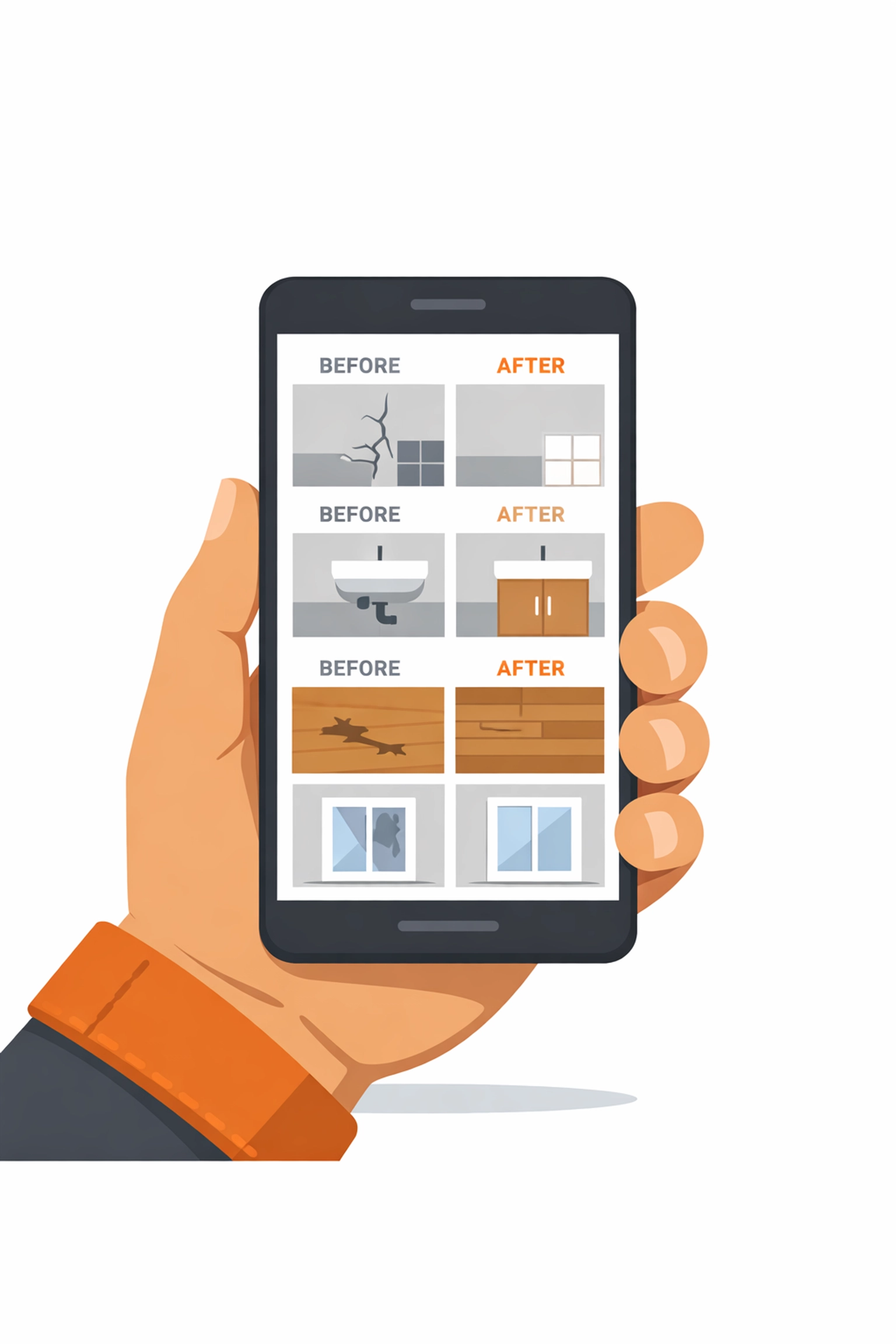 Smartphone showing handyman portfolio with before and after repair photos