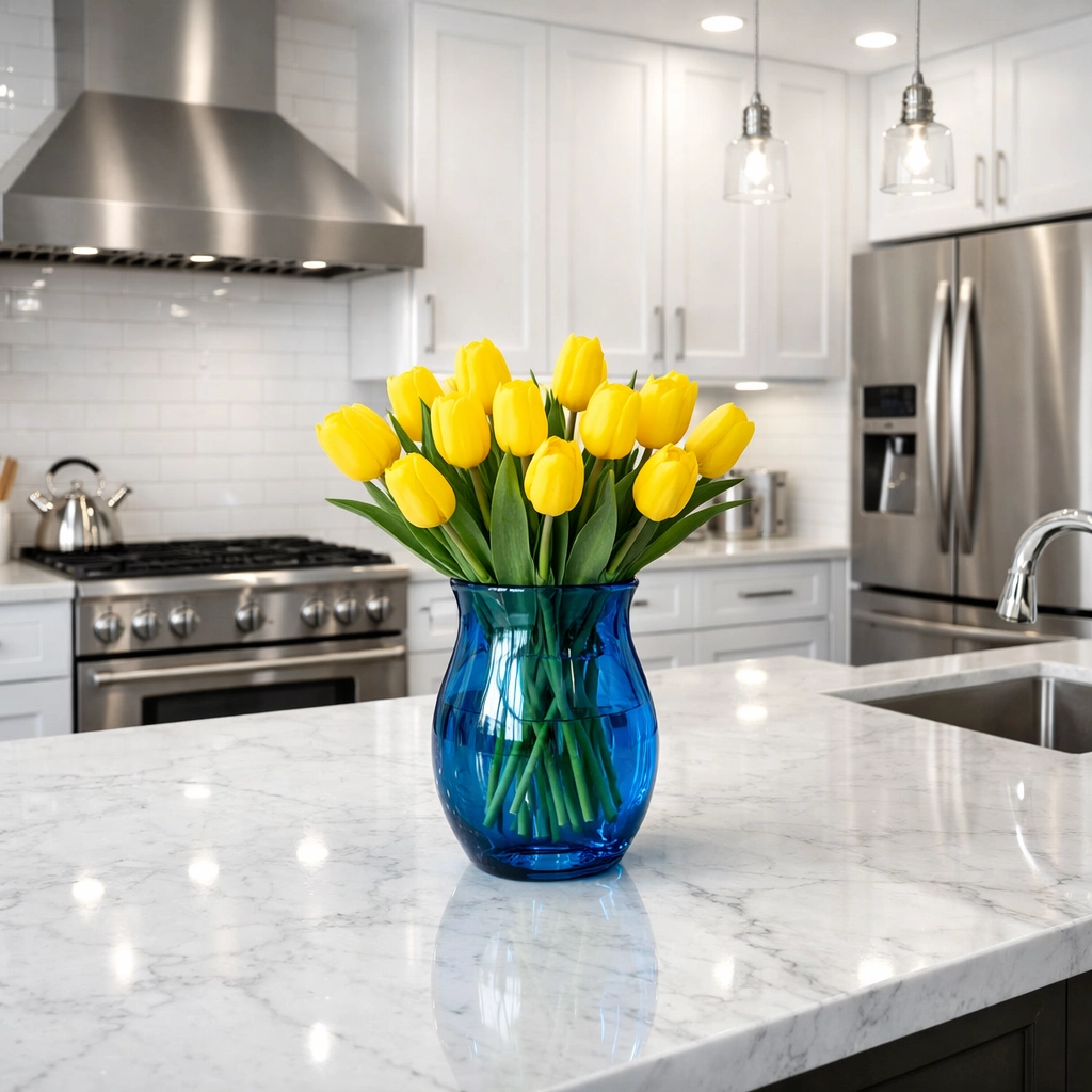 Sparkling kitchen with marble countertops showing the results of professional bi-weekly house cleaning.