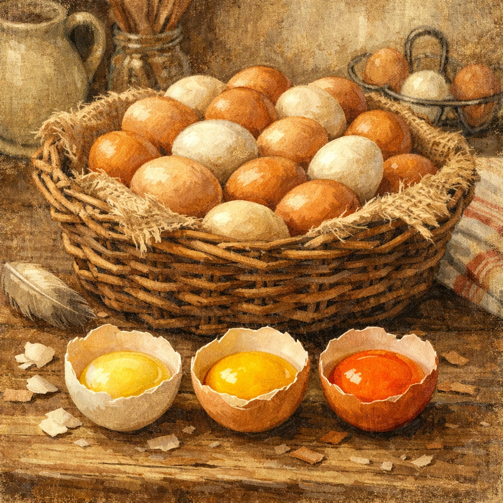 Fresh eggs showing egg yolk color differences from pale yellow to deep orange in pasture-raised eggs
