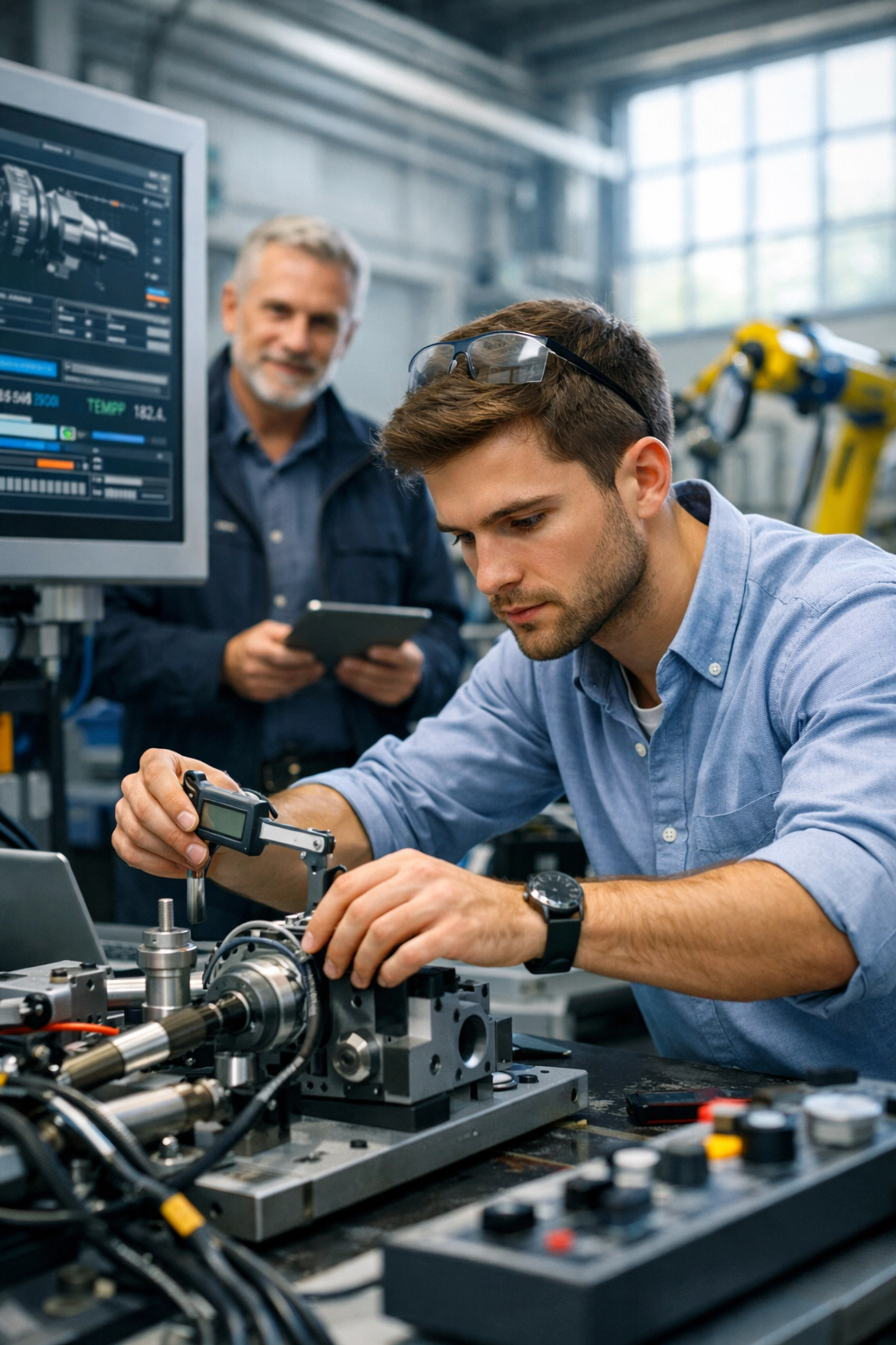 Professional receiving hands-on work-based learning and mentorship in manufacturing facility