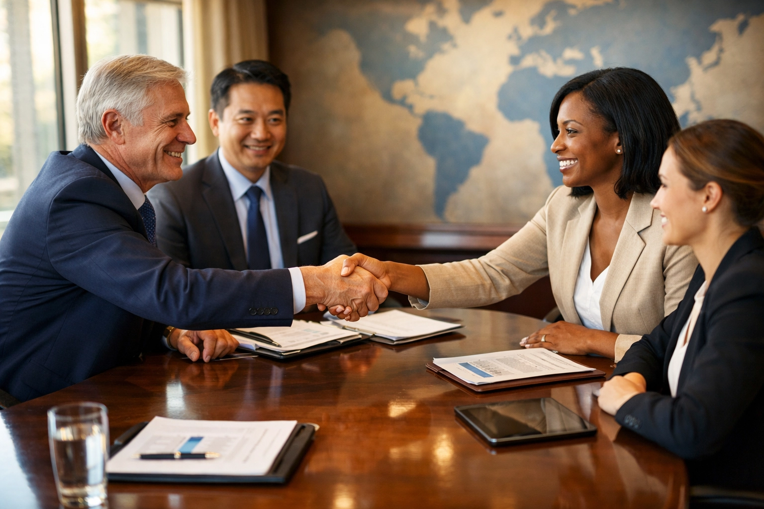 International business partnership handshake representing ISO 9001 global recognition