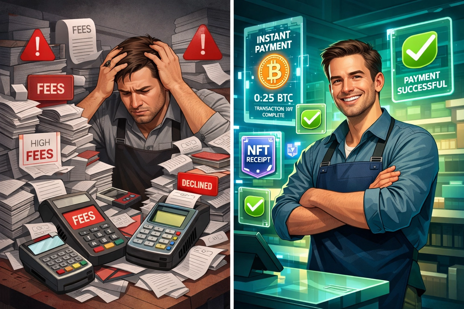 Comparison of traditional merchant fees vs crypto payment system with NFT receipts and instant settlement