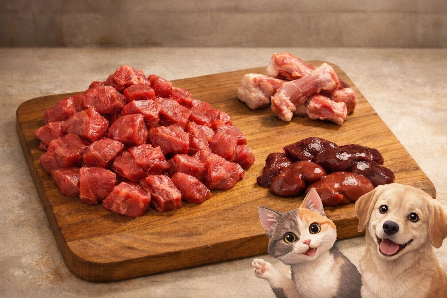 Raw dog food ingredients showing 80:10:10 ratio of muscle meat, bone, and offal
