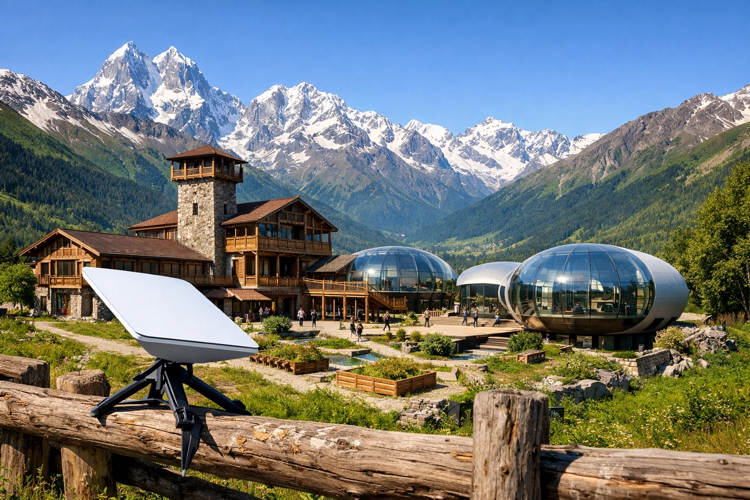 High-tech innovation hub in the Georgia mountains featuring a Starlink satellite terminal for remote work.