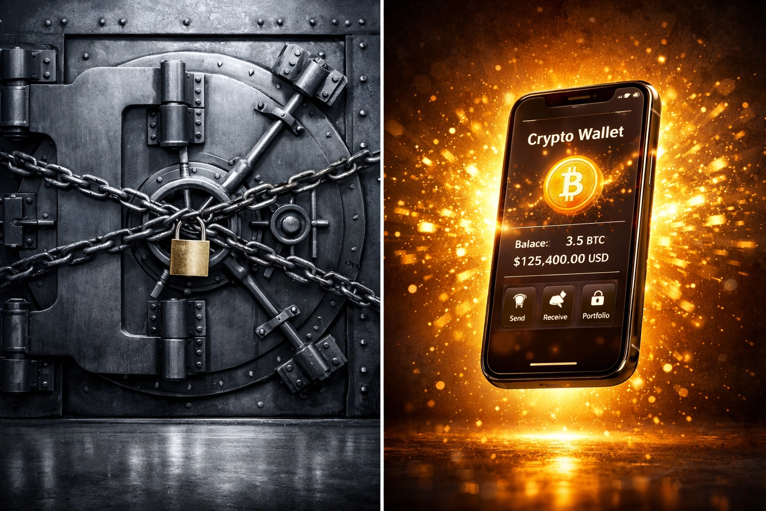 Traditional bank vault compared to modern crypto wallet showing financial freedom and self-custody