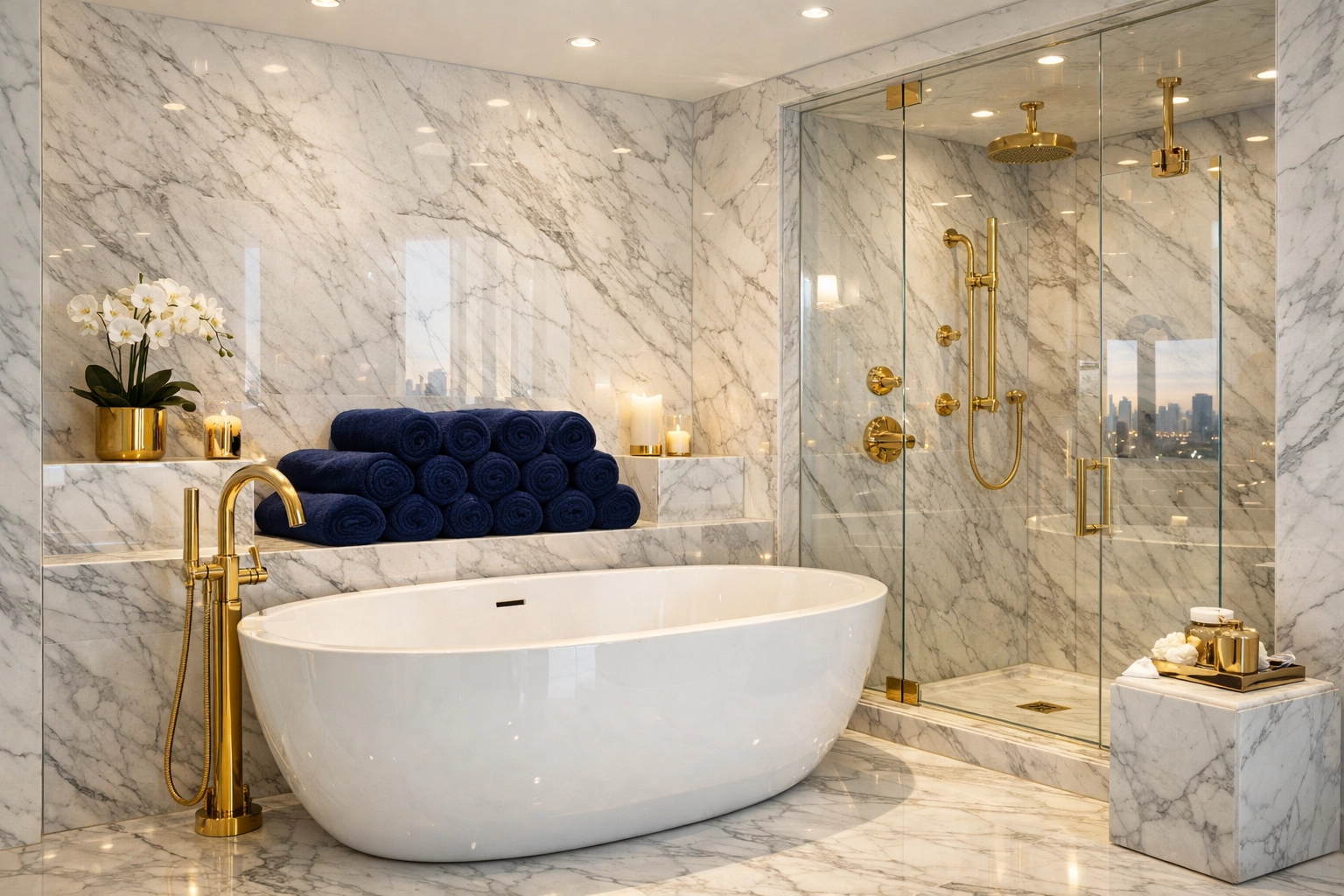 Pristine marble bathroom in a Boston luxury residence showcasing professional cleaning of stone and brass fixtures.