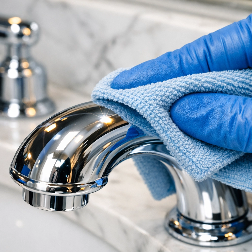 Detail-oriented move-in cleaning service polishing high-end bathroom fixtures in Newton Massachusetts.