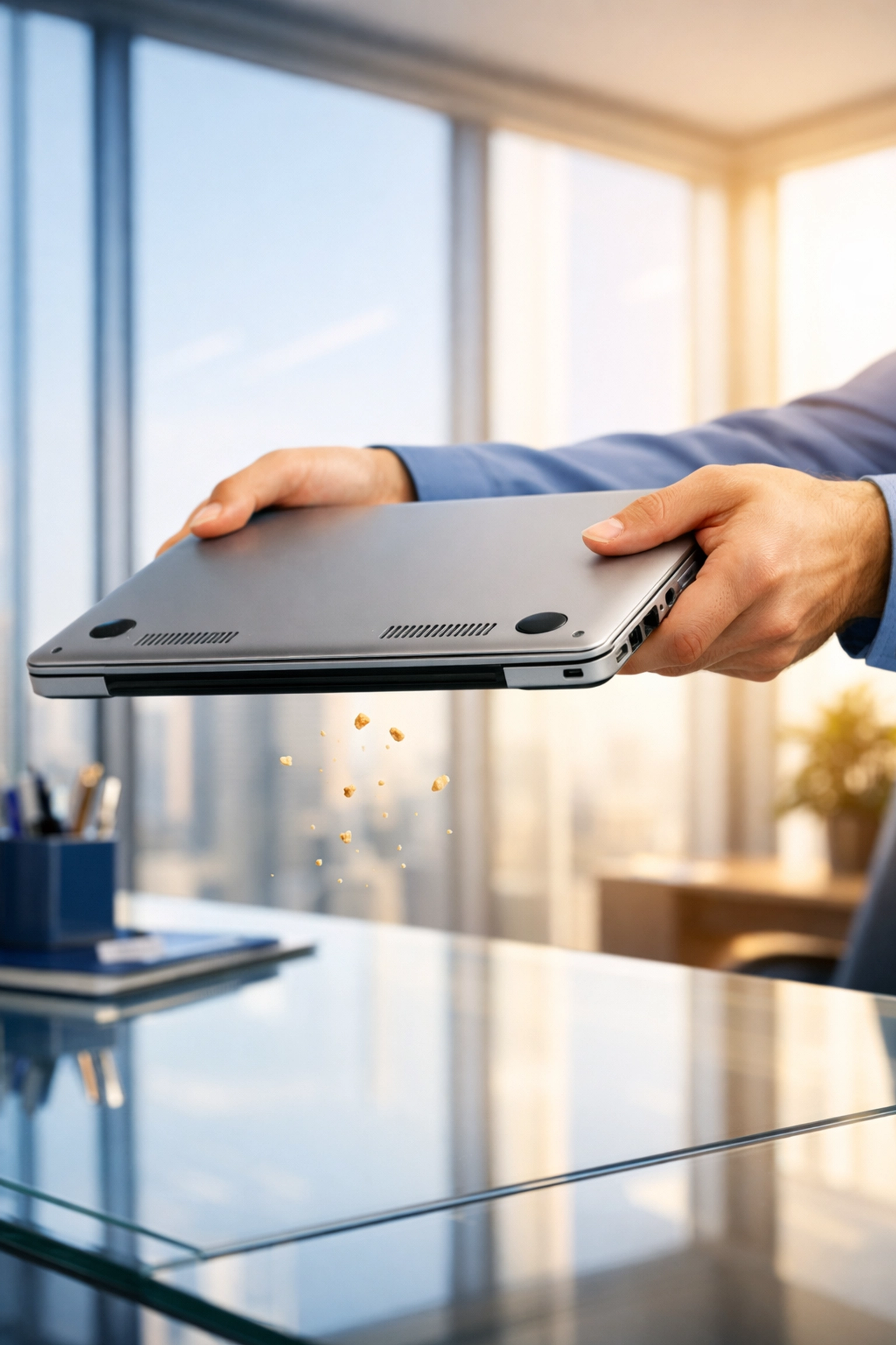 Hands shaking loose crumbs and debris out of a laptop keyboard in a bright, modern office setting.