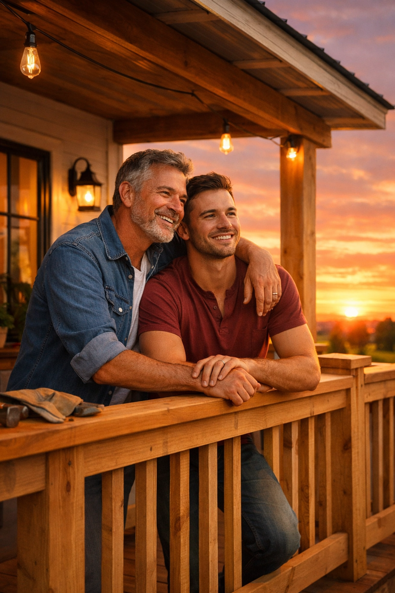 Happy gay couple standing on a finished porch at sunset, representing the finding home trope in gay books.