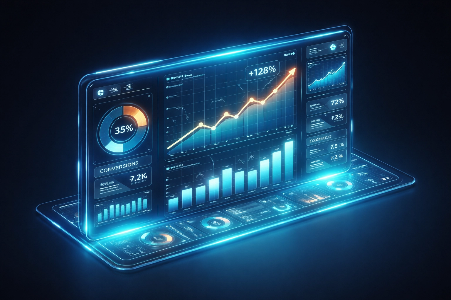 Analytics dashboard with graphs and charts, visualising conversion tracking and campaign performance in Magento 2 Google Ads.