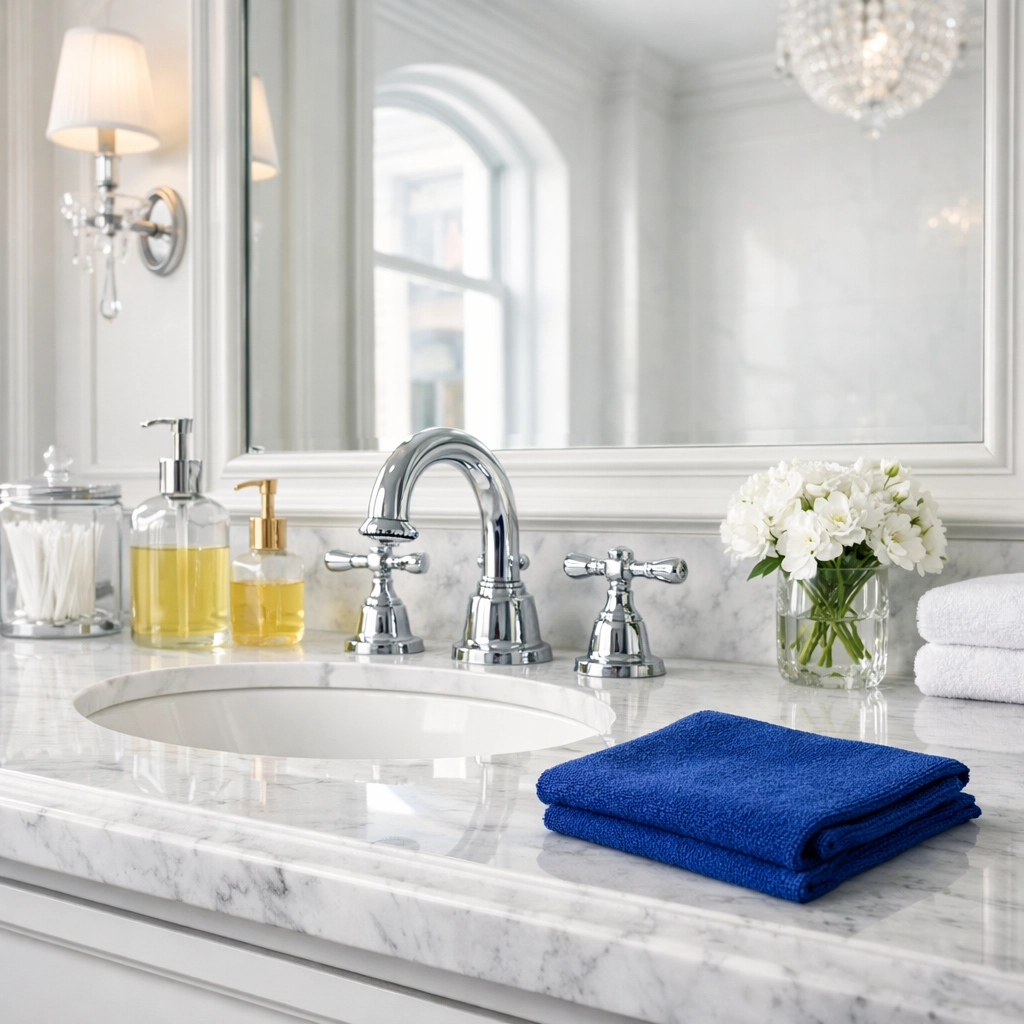 Professional apartment cleaning in Boston featuring a sanitized luxury bathroom with a polished marble vanity.