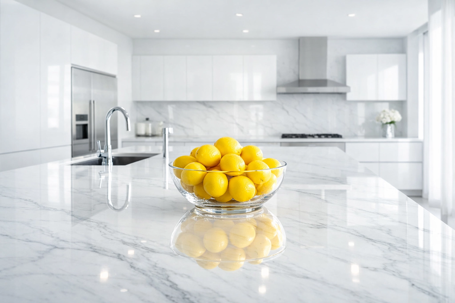 Spotless modern kitchen in Wellesley with clean marble surfaces and improved indoor air quality.