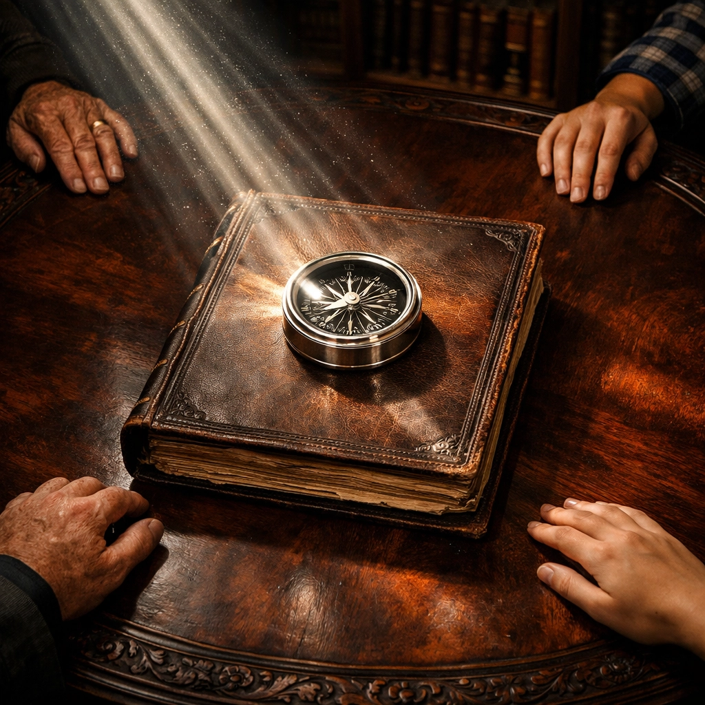 Family members' hands around a compass and ledger representing family office trust architecture and unity.