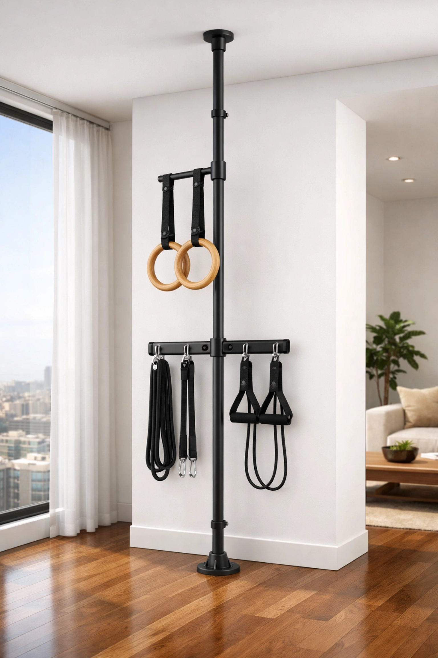 Versatile floor to ceiling gym rail system providing a no wall damage workout system.