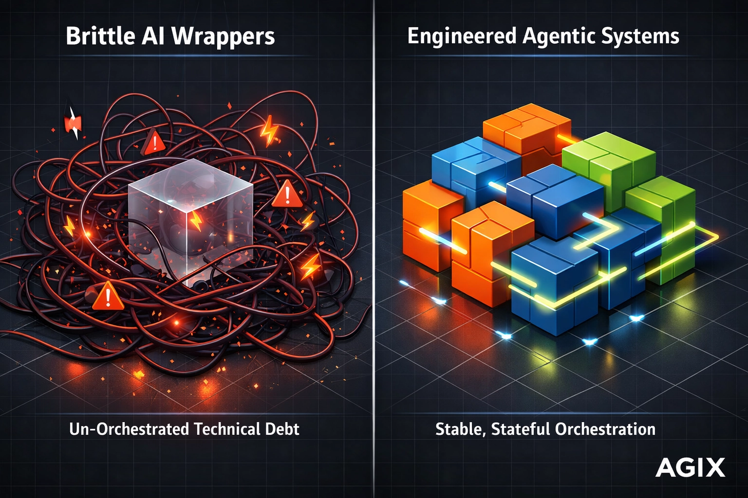 Diagram comparing brittle AI wrappers with scalable, stateful agentic architecture for lower technical debt.