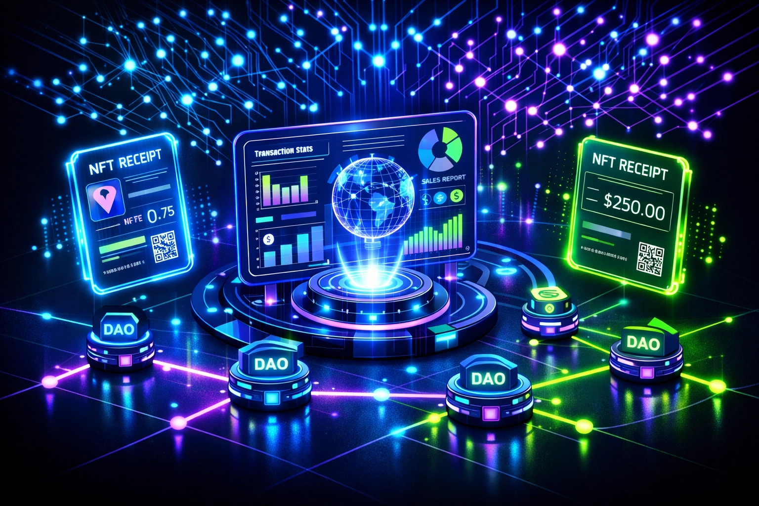 Integrated blockchain merchant dashboard showing DAO governance and NFT receipts