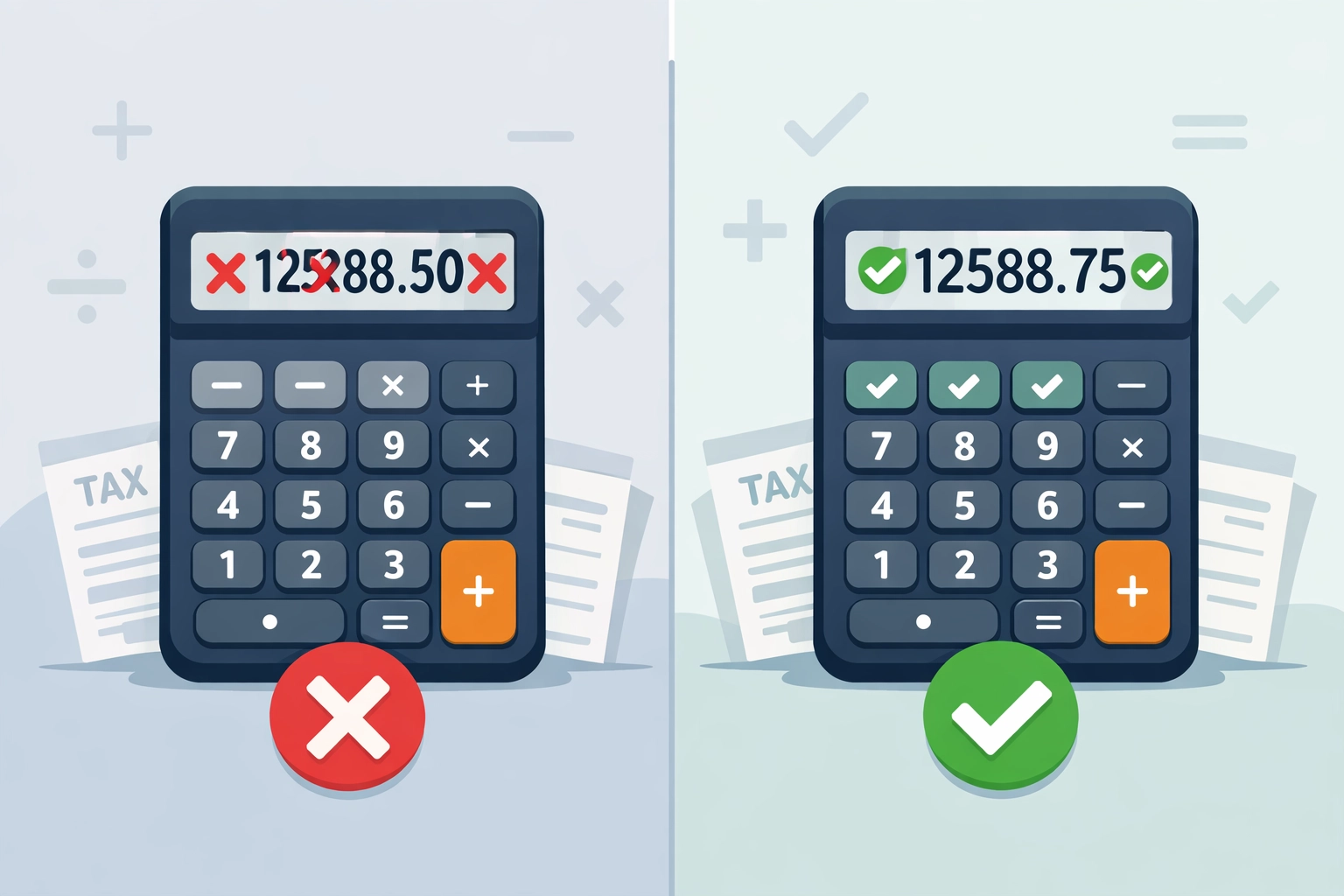 Comparison of incorrect vs correct tax calculations preventing math errors in tax software