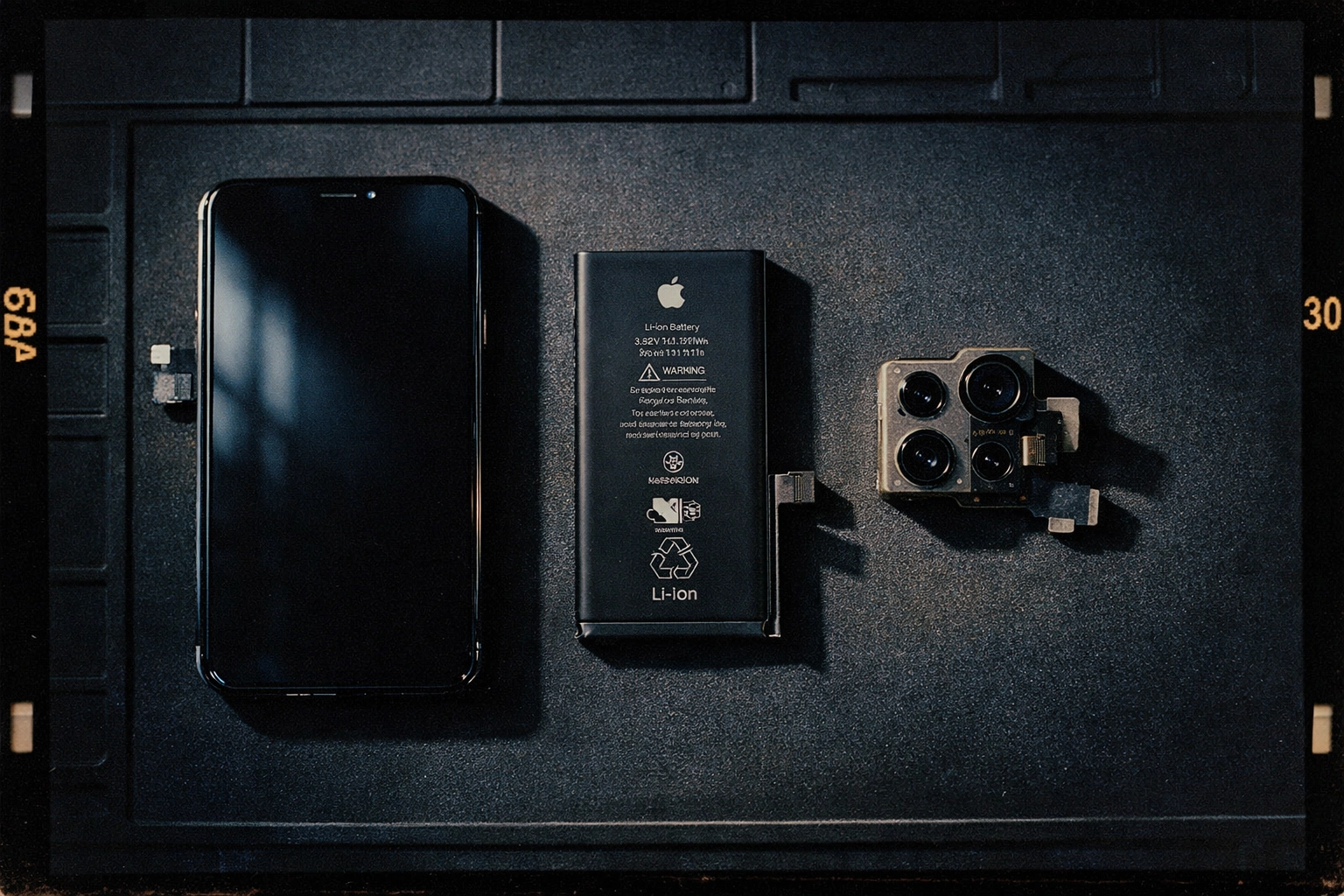 iPhone replacement parts: OLED screen, battery, and camera module on professional repair mat