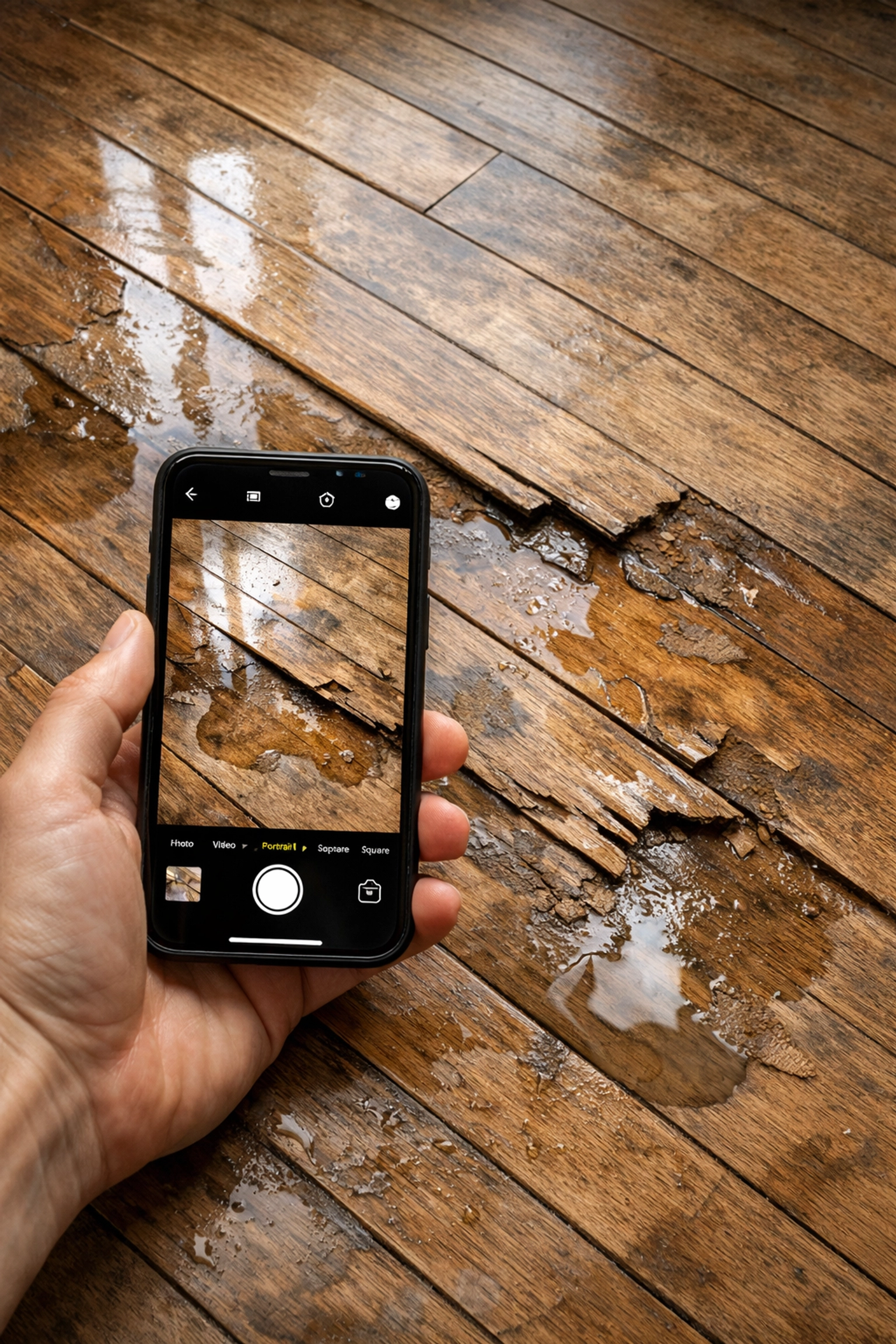 Documenting water damage on flooded hardwood floors with smartphone for insurance claims