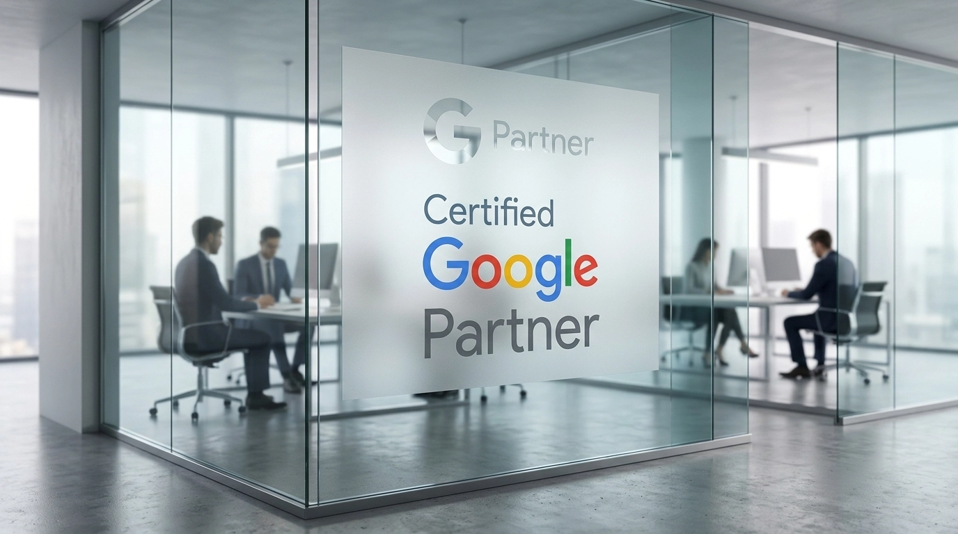 Maximize Your ROI with a Google Partner 14 A modern office featuring a Google Partner certification decal on a glass wall