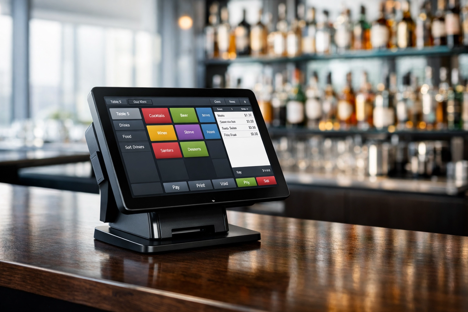 Modern touch-screen EPOS system terminal on a luxury nightclub bar counter.