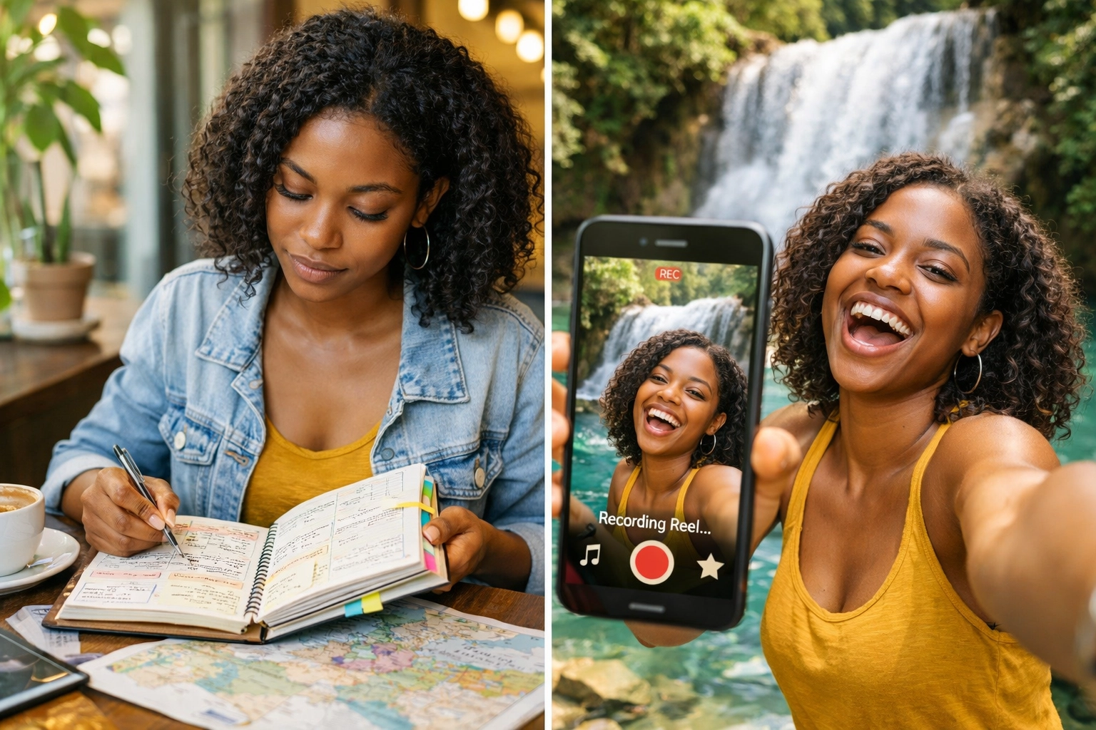 Travel content creator planning itinerary and filming social media reel at waterfall destination