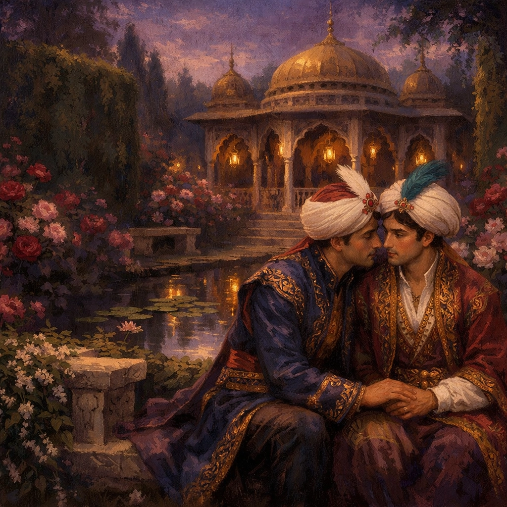 Two men in Ottoman court dress share intimate moment in secret palace garden at twilight